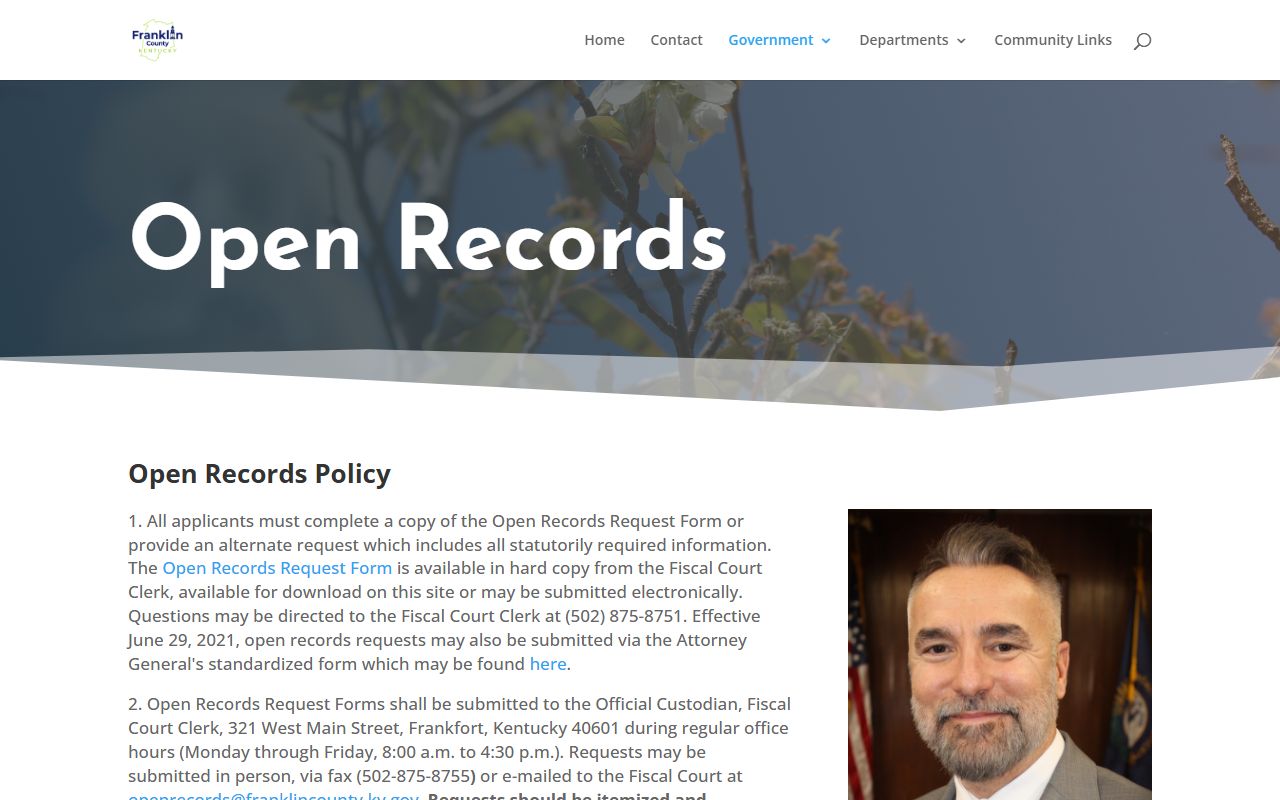 Franklin County booking photo open records request page