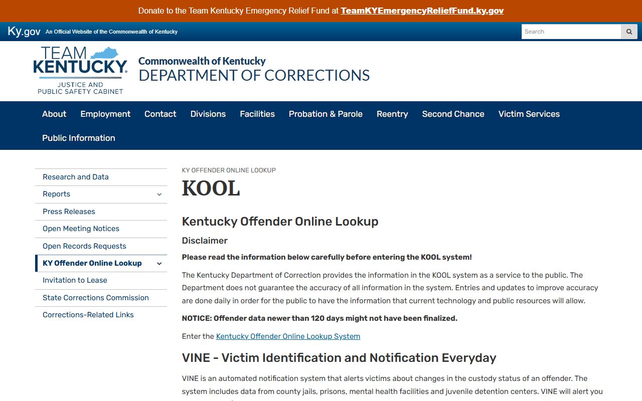 Franklin County inmate lookup Kentucky DOC KOOL page